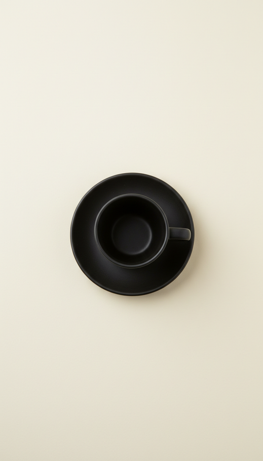 Matte black ceramic espresso cup and saucer