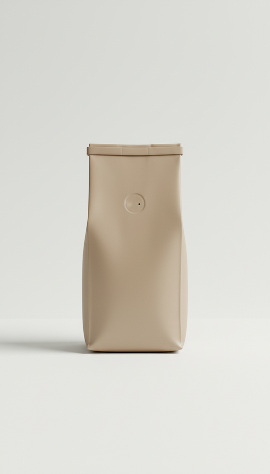 Single-origin coffee beans in velvet beige packaging