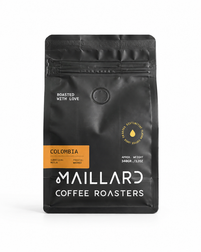 Side view of Maillard Coffee Roasters Colombia Huila specialty coffee bag showing premium packaging.