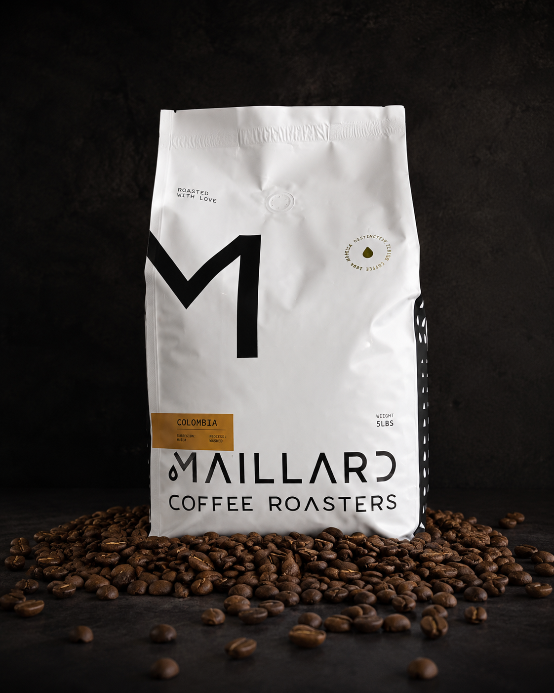 Close-up of Colombia Huila Single Origin coffee packaging roasted by Maillard Coffee Roasters.